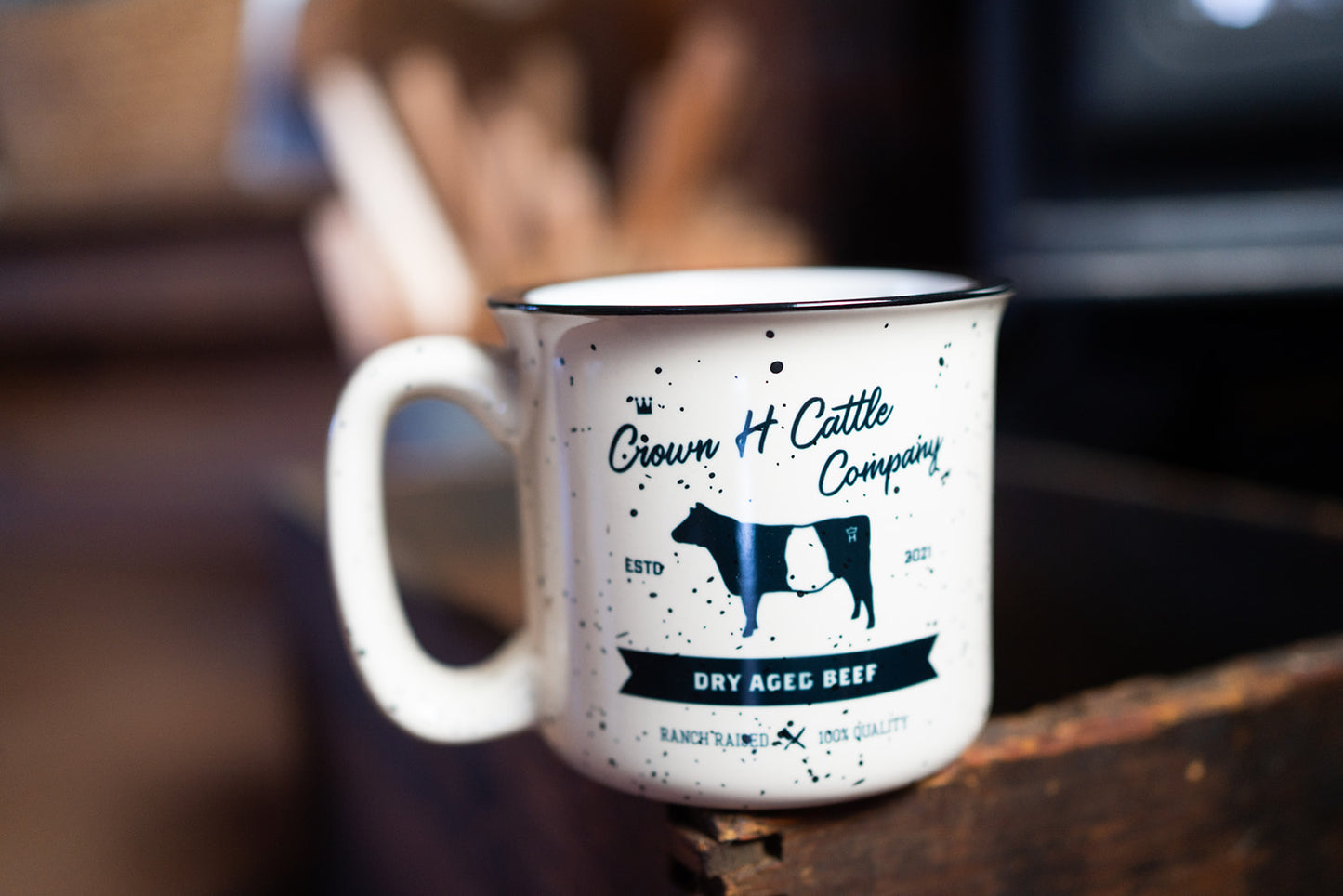 "Sammie the Beltie" Crown H Cattle Company Campfire Speckled Mug